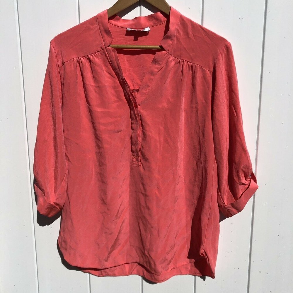 MILLY Silk 1/2-Button Blouse Roll-Tab Sleeve Top Pink Shirt 8